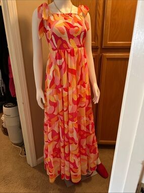 Flying Tomato Pink & Orange Tie-Shoulder Maxi Dress